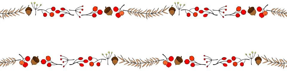 Vector background, frame made of outline color twigs, berries, acorns on edge Stock Illustration