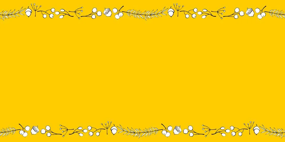 Vector background, frame made of outline twigs, berries, acorns on edges. Hor Illustrazione stock