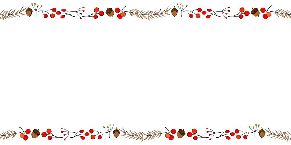 Vector background, frame made of outline color twigs, berries, acorns on edge Illustrazione stock