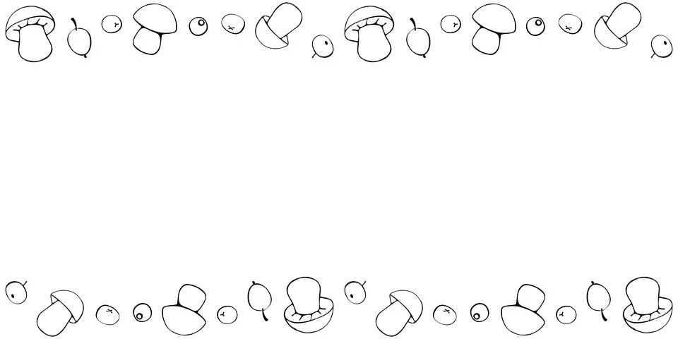 Vector background, frame made of outline mushrooms, berries on edges. Horizon Stock-Illustration