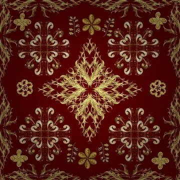 Vector background. Golden elements on yellow, red and neutral colors. Floral pat 스톡 일러스트