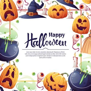 Vector background for Halloween invitation or greeting card. Pumpkins, witch' Stock Illustration