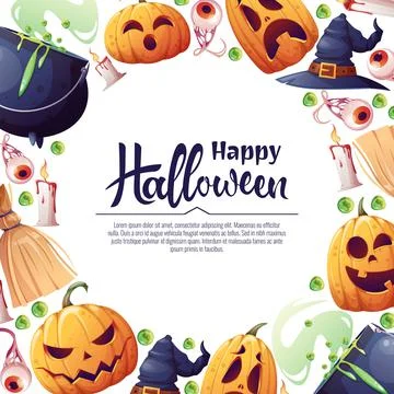 Vector background for Halloween invitation or greeting card. Pumpkins, witch  Stock Illustration