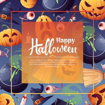 Vector background for Halloween invitation or greeting card. Pumpkins, witch  Stock Illustration