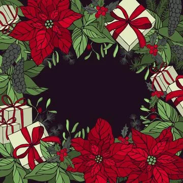 Vector background with hand drawn Christmas plants, flowers and gifts. Stock Illustration