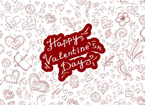 Vector background with hand drawn objects and lettering for Valentine's Day.  Stock Illustration