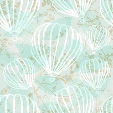 Vector background with hot air ballons, branches, and leaves Illustrazione stock