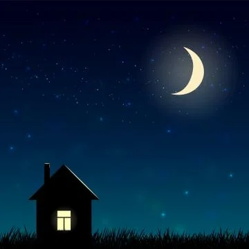 Vector background. House and night sky with stars and moon Stock Illustration