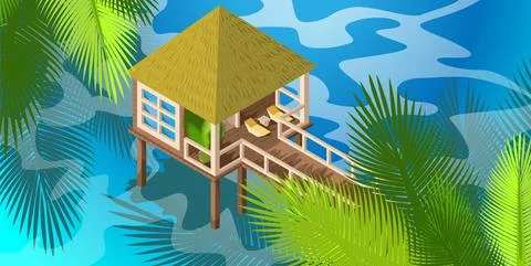 Vector background image of a hut in the sea among the thickets on the edge of Stock Illustration