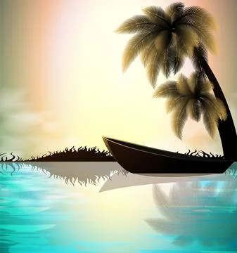 Vector background image of a silhouette of a lonely boat standing under palm Illustrazione stock