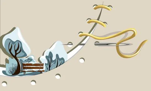 Vector background image of two stitched pieces between which a winter landsca Stock Illustration