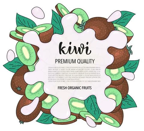 Vector background with kiwi, whole and pieces - Splash of water or milk. Stock-Illustration