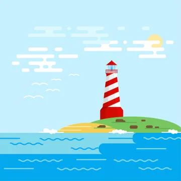 Vector background with lighthouse, sea, waves in a daytime. Searchlight tower Stock Illustration