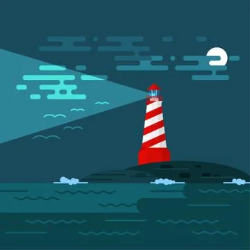 Vector background with lighthouse, sea, waves an night. Searchlight tower in  Stock Illustration