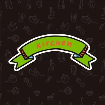 Vector background with logo for kitchen Doodle cafe. Cartoon pattern with the Stock Illustration