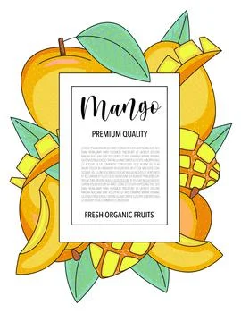 Vector background with mango, whole and pieces - Card design with fruits Illustrazione stock