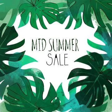 Vector background mid summer sale tropical leaves Stock Illustration