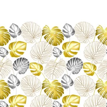 Vector background with monstera plant. Image of golden, grey and white leaves 스톡 일러스트