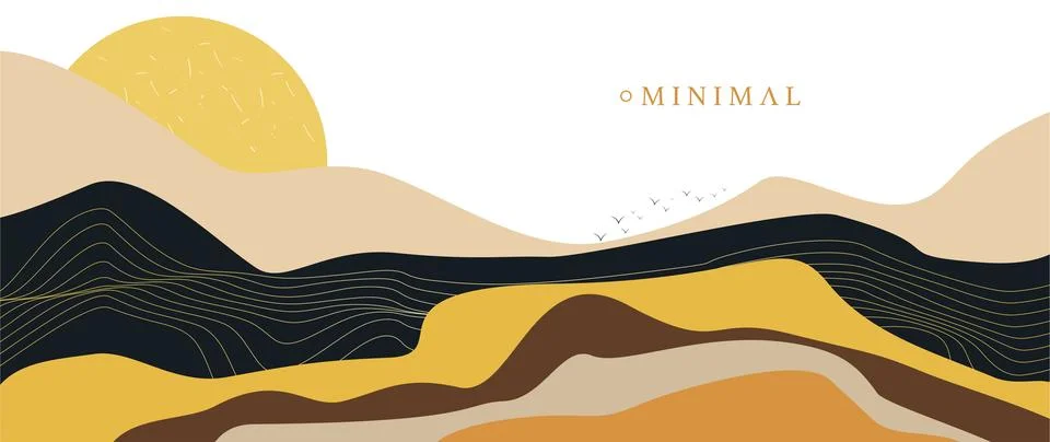 Vector background with mountains and sun. Golden lines and autumn colors. A.. Stock Illustration