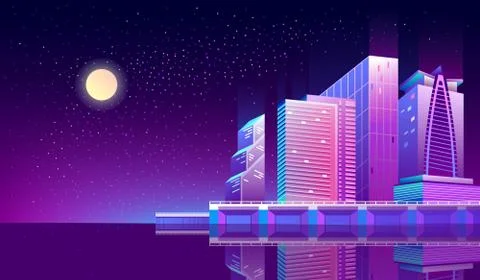Vector background with night city in neon lights Ilustración de archivo