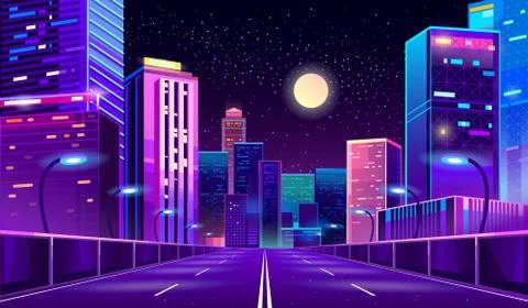Vector background with night city in neon lights Ilustración de archivo
