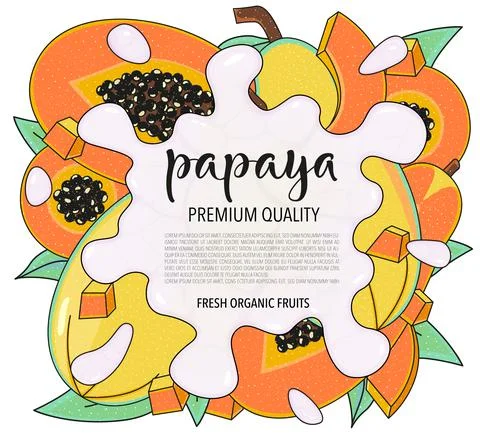 Vector background with papaya, whole and pieces - Splash of water or milk Illustrazione stock