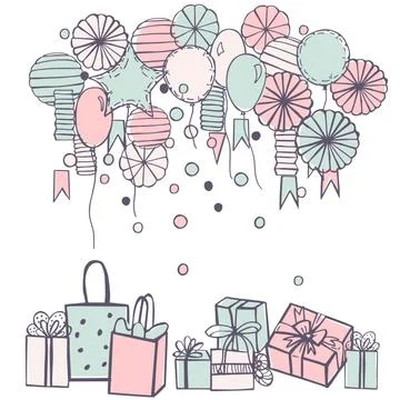 Vector background with paper Pom Poms, balloons  and gifts Stock Illustration
