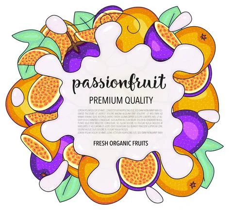 Vector background with passionfruit, whole and pieces - Splash of water or milk Stock Illustration