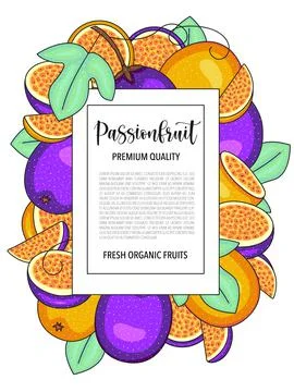 Vector background with passionfruit, whole and pieces - Card design with fruits Stock Illustration