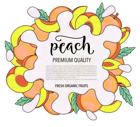 Vector background with peach, whole and pieces - Splash of water or milk Stock Illustration