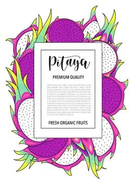 Vector background with pitaya, whole and pieces -. Card design with fruits Stock Illustration