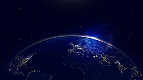 Vector background planet earth with sunrise in space and city lights 스톡 일러스트