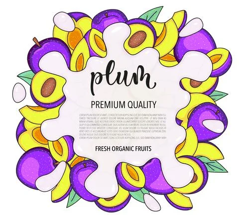 Vector background with plum, whole and pieces - Splash of water or milk Illustrazione stock