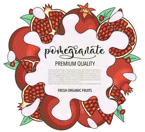 Vector background with pomegranate, whole and pieces - Splash of water or milk Stock Illustration