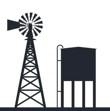 Vector background of rural windpump and water tank Stock Illustration