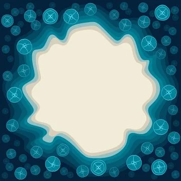 Vector background with the sand island and marine jellyfish in the water Stock Illustration