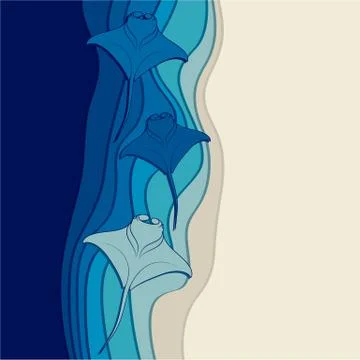 Vector background with the seabed and marine stingrays, manta rays. Stock Illustration