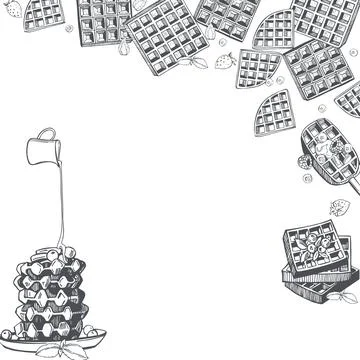 Vector background with sketch waffles. Stock Illustration