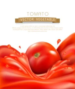 Vector background with splashes, waves of red tomato juice and tomato. isolat Stock Illustration