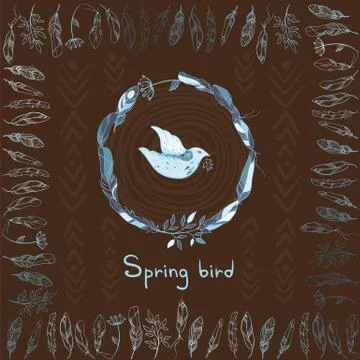 Vector background with spring bird and frame made of feathers Stock Illustration