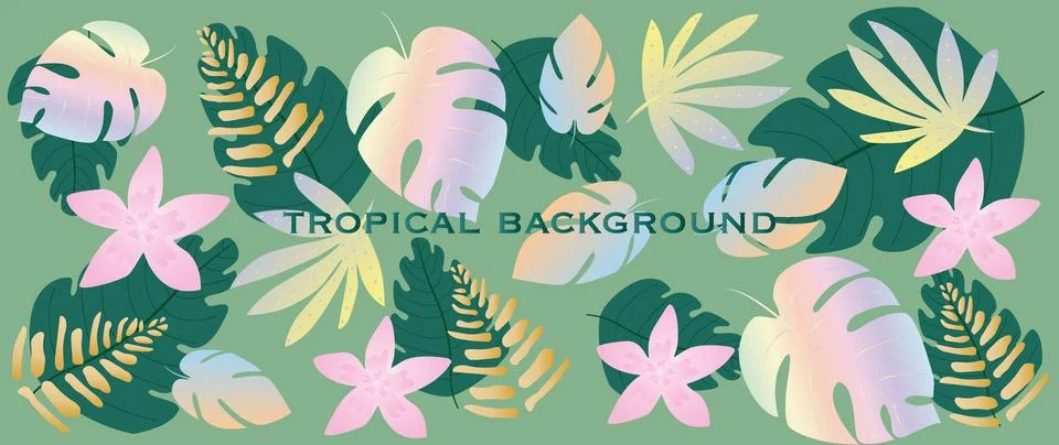 Vector background with tropical pattern. Colorful gradient palm leaves, flowers Stock Illustration