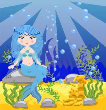 Vector background with an underwater world in a children's style. A mermaid i Stockillustratie