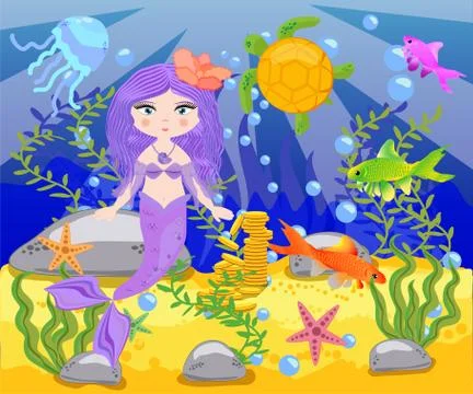 Vector background with an underwater world in a children's style. A mermaid i Stock Illustration