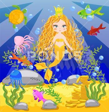 Vector background with an underwater world in a children's style. A mermaid i Stock Illustration