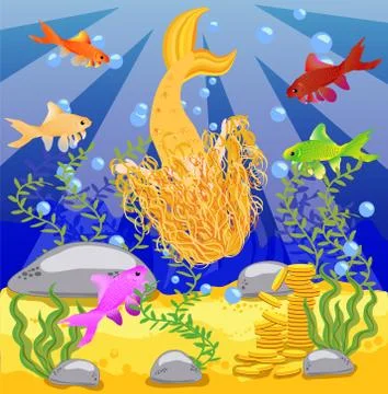 Vector background with an underwater world in a children's style. A mermaid i Stock-Illustration