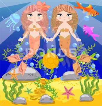 Vector background with an underwater world in a children's style. A mermaid i Stock Illustration
