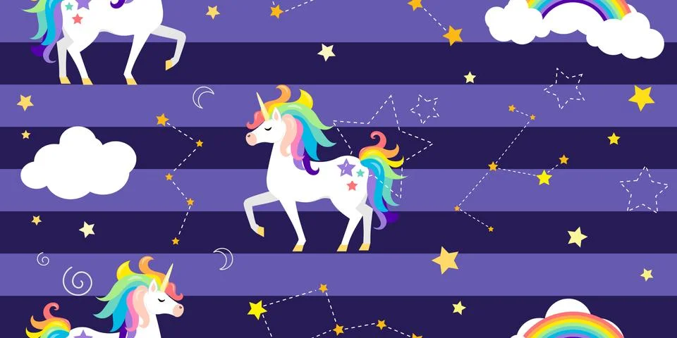 Vector background with unicorns, rainbow, constellations and other elements. Illustrazione stock