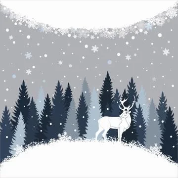 Vector background with winter forest, snow and deer. Stock Illustration