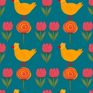 Vector background of yellow chickens and chickens with flowers. Spring pattern Stock Illustration