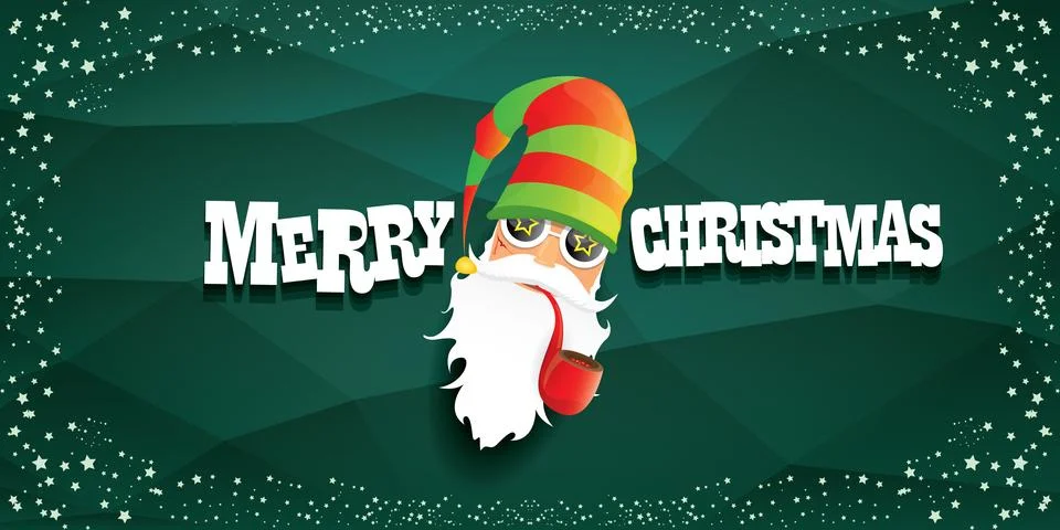 Vector bad rock n roll dj santa claus with smoking pipe, beard and greeting Stock Illustration